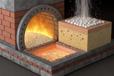 Glass furnace cross section showing refractory lining and batch melting chamber