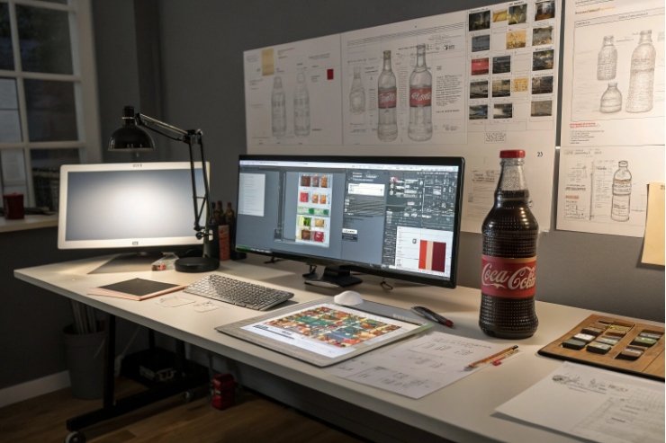 Bottle label design workspace with monitor mockups and filled soda glass bottle