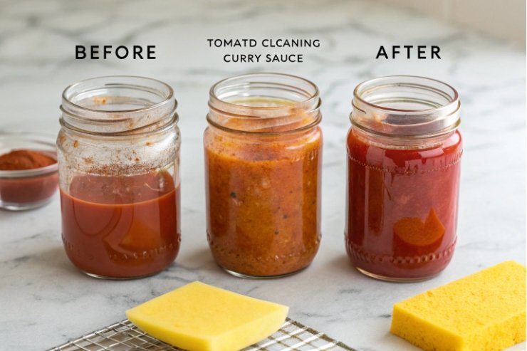 Before and after cleaning sauce-stained glass jars with sponge on countertop