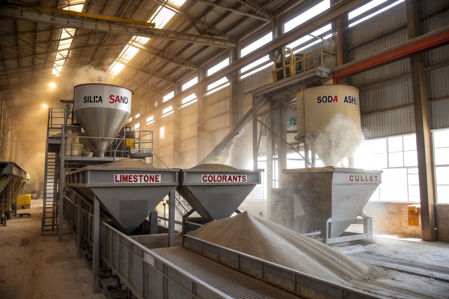 Silica sand limestone soda ash and cullet hoppers for glass batch mixing