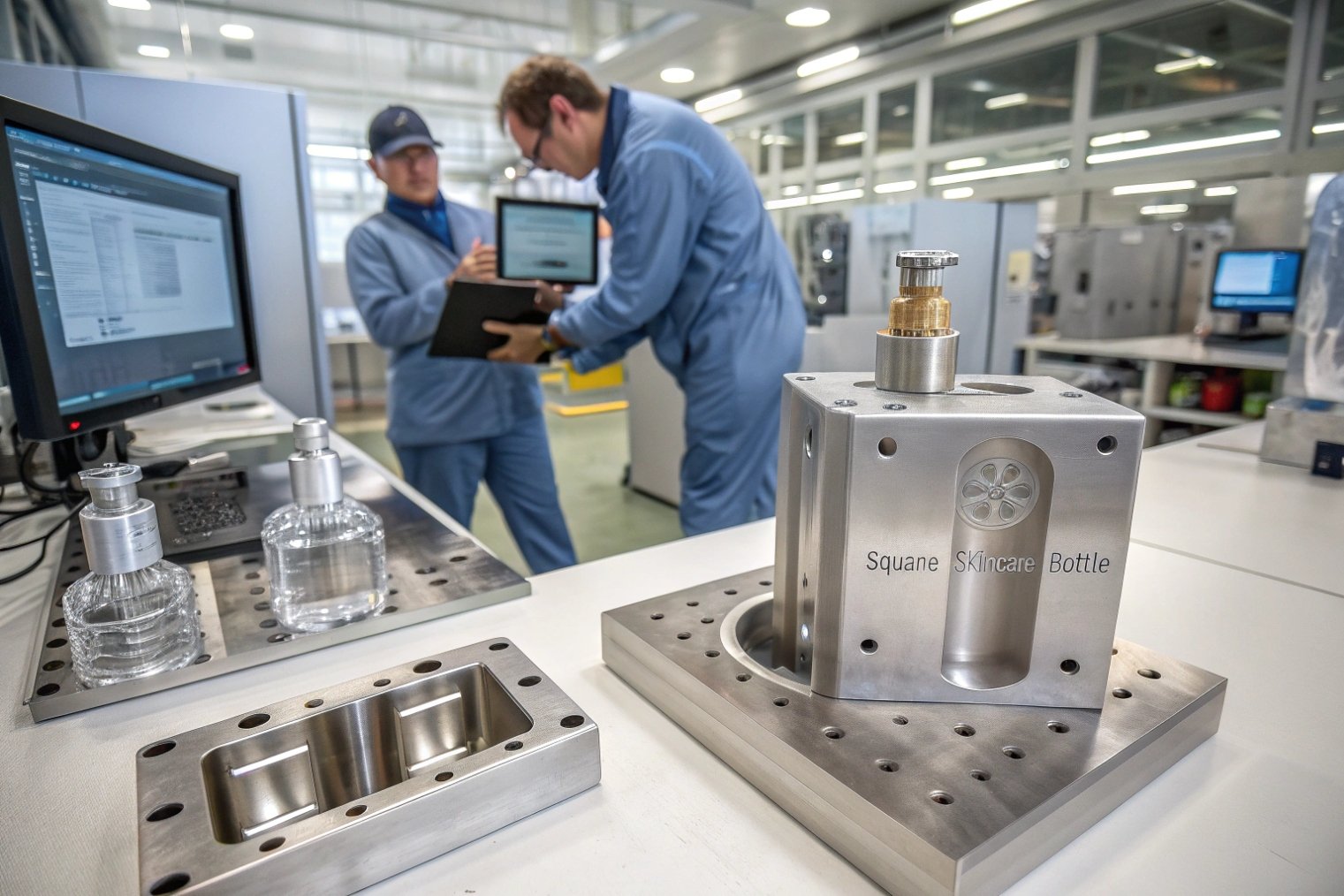 engineers reviewing custom square skincare glass bottle mold in factory workshop