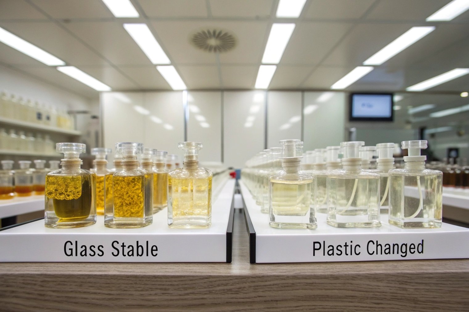 comparison of fragrance stability in glass bottles versus plastic packaging on display