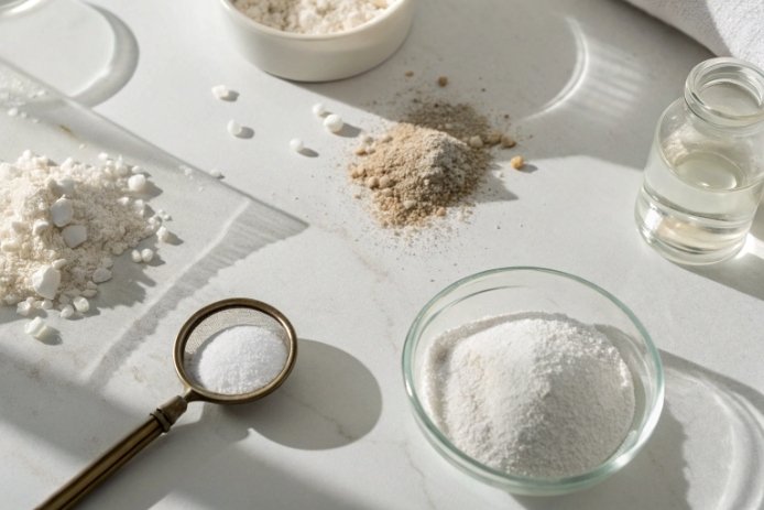 Glass batch raw materials powders in bowls with sieve and lab jar