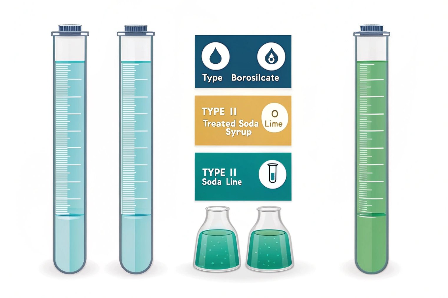 Infographic comparing borosilicate and Type II soda lime glass in laboratory tubes