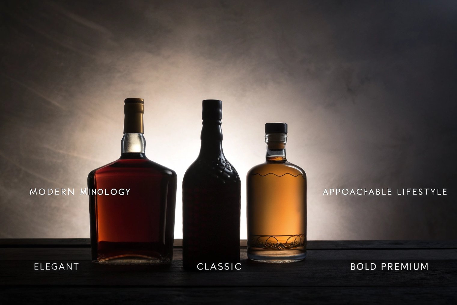 Three distinct whiskey glass bottle designs highlighting elegant classic and premium branding styles