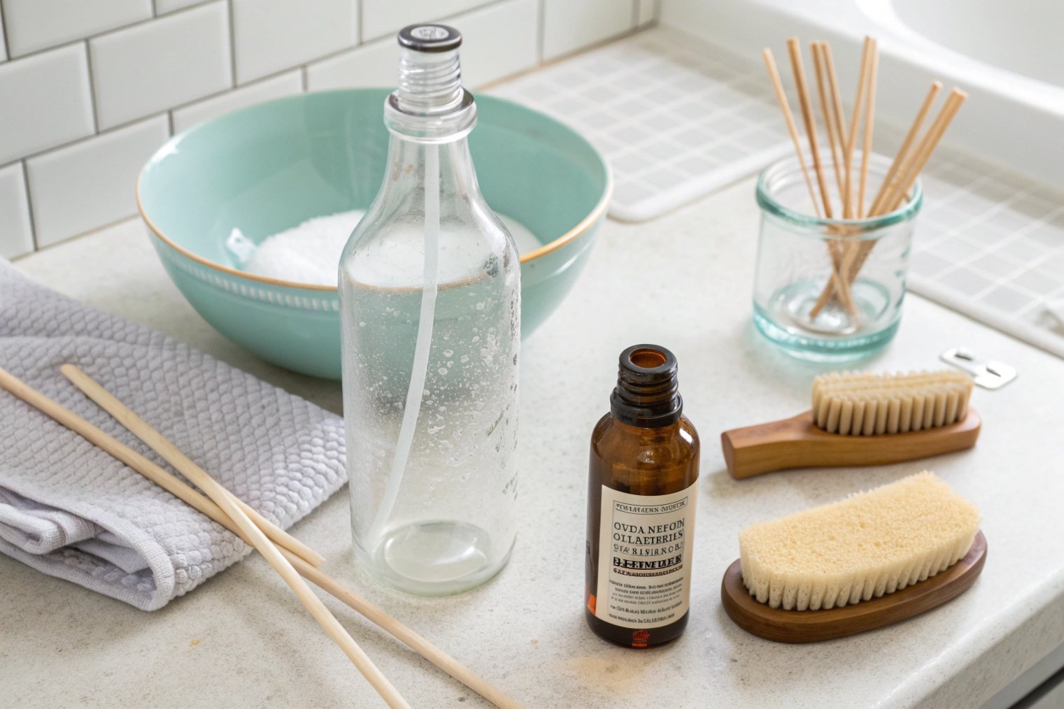 bathroom counter with empty glass bottle, amber fragrance oil and diffuser reeds