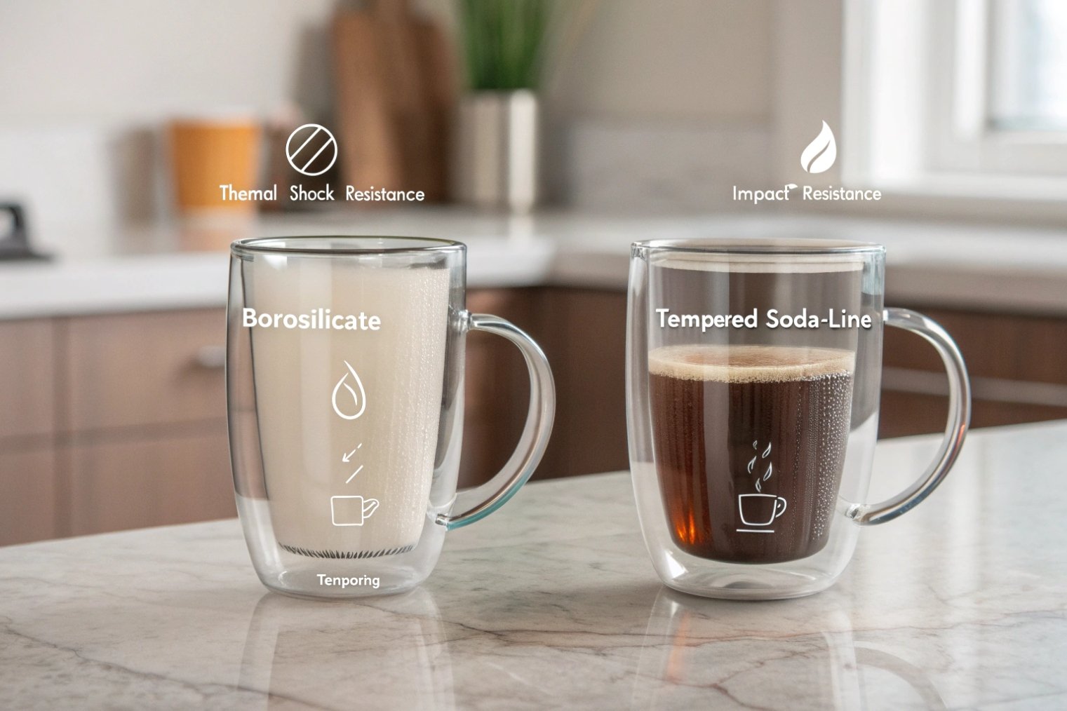Two double-wall glass mugs on a counter one borosilicate with a milky drink labeled for thermal shock resistance and one tempered soda-lime with coffee labeled for impact resistance