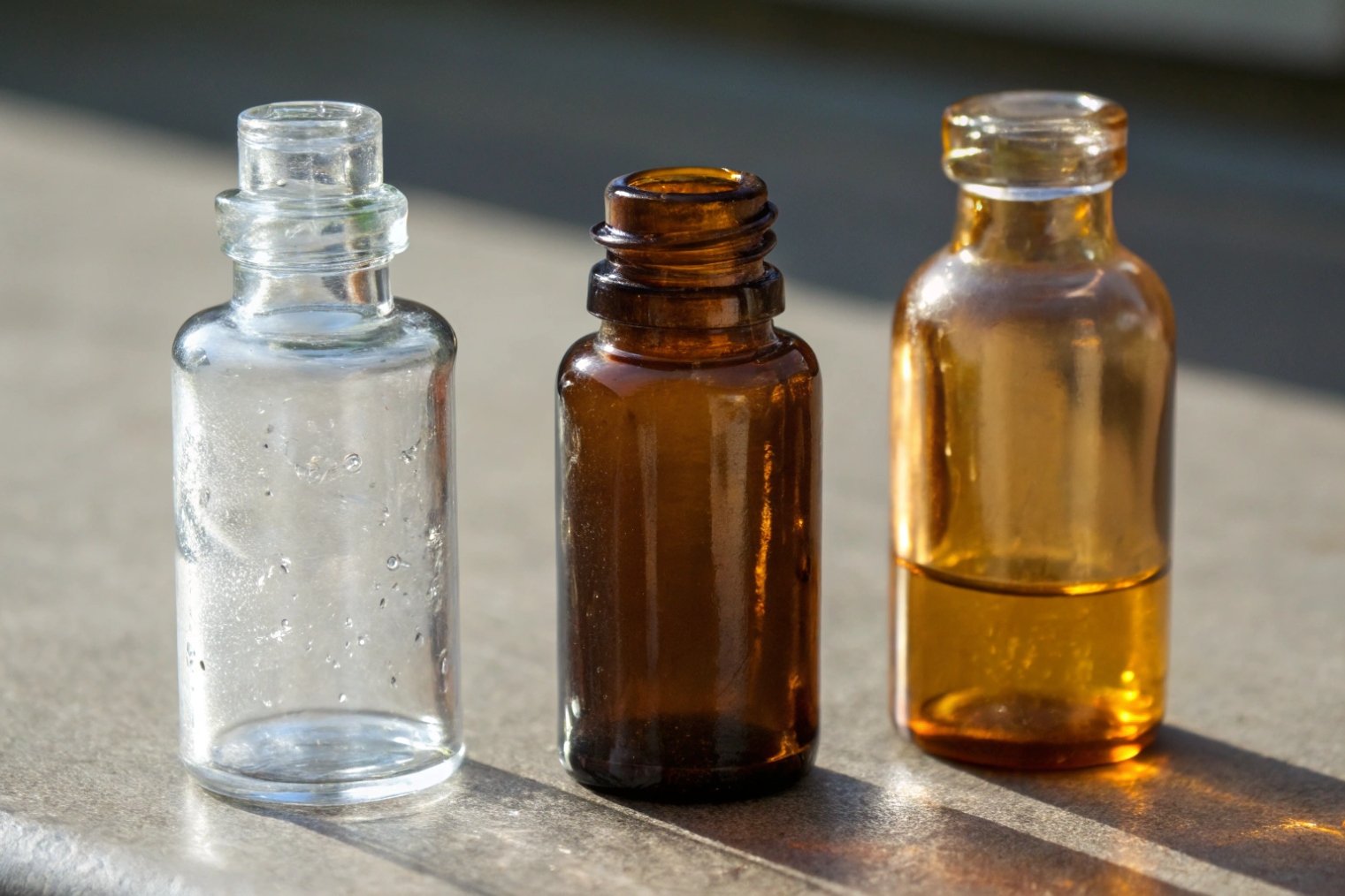 three small bottles in a row: clear glass, dark amber glass, and light amber glass with liquid, sunlight hitting them