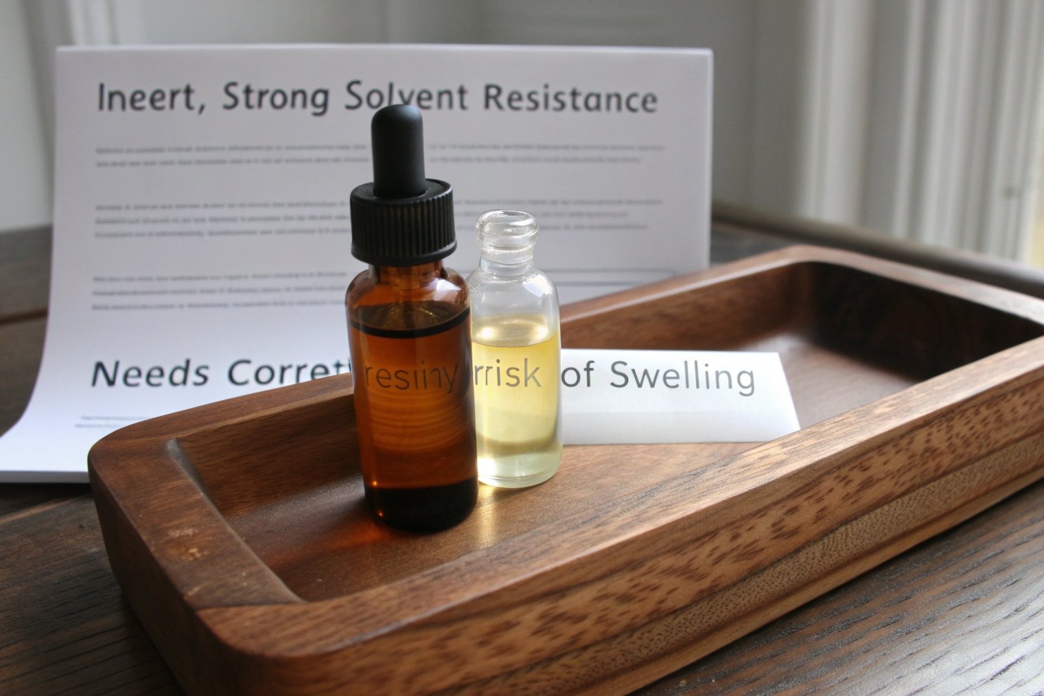 amber and clear dropper vials on wooden tray in front of sign about inert strong solvent resistance and risk of swelling