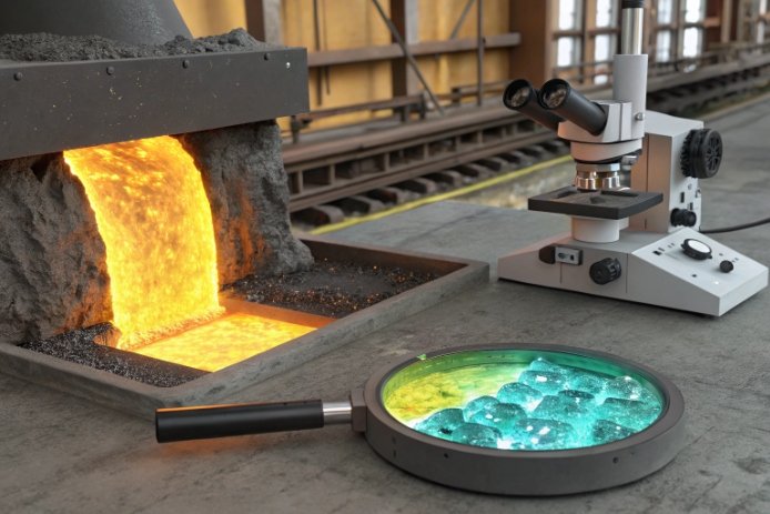 Molten glass stream with microscope and cullet fragments for defect inspection