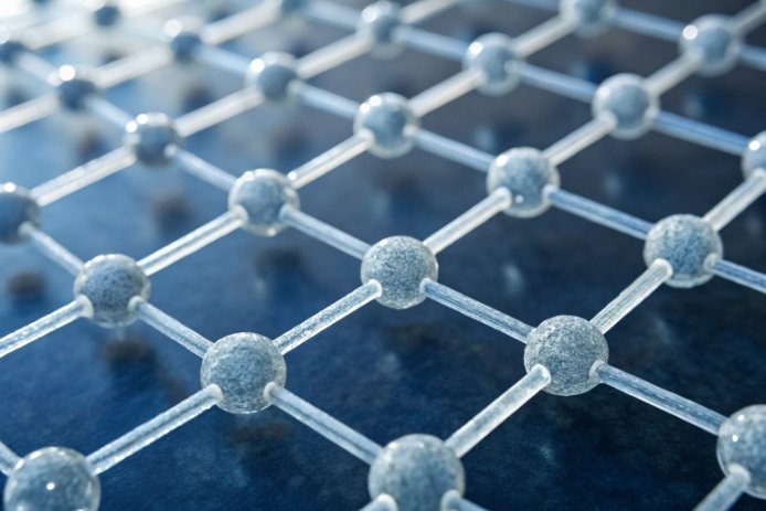 3D molecular lattice grid rendering showing connected spheres for material science structure