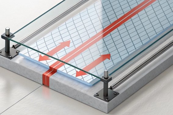 Diagram showing glass panel stress and heat flow direction for thermal expansion testing