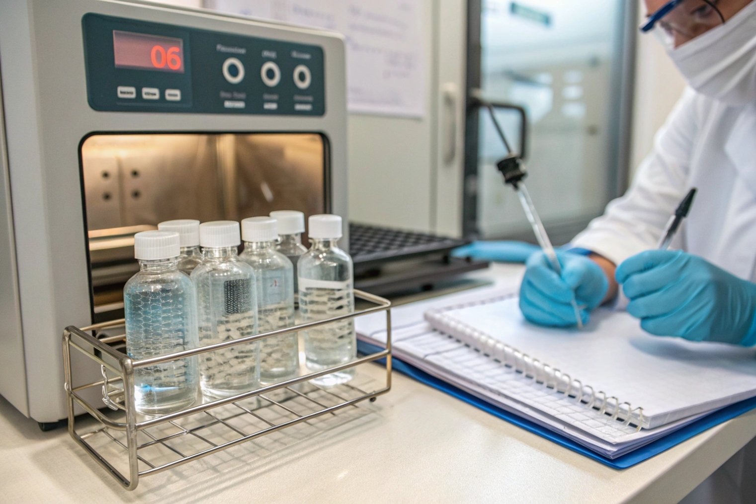 Stability test glass bottles in incubator with technician recording results