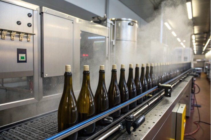 Dark glass bottles on conveyor through steam tunnel for washing and sterilization