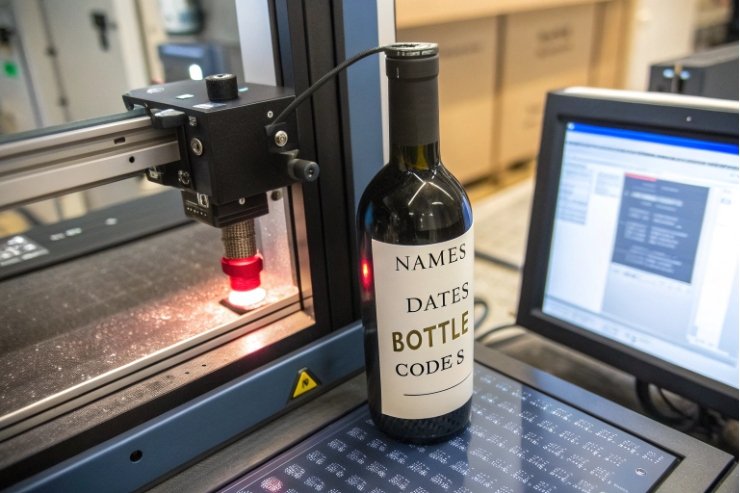 Wine bottle laser marking station printing batch codes beside control screen