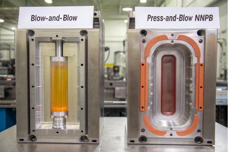 Blow-and-blow and press-and-blow molds for glass bottle forming in production