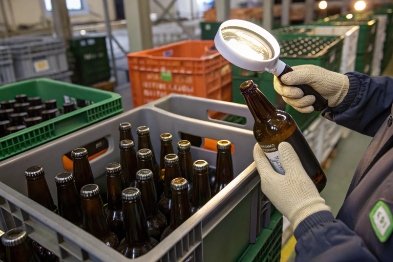 Worker inspects returned glass bottles with magnifier over crate in recycling facility