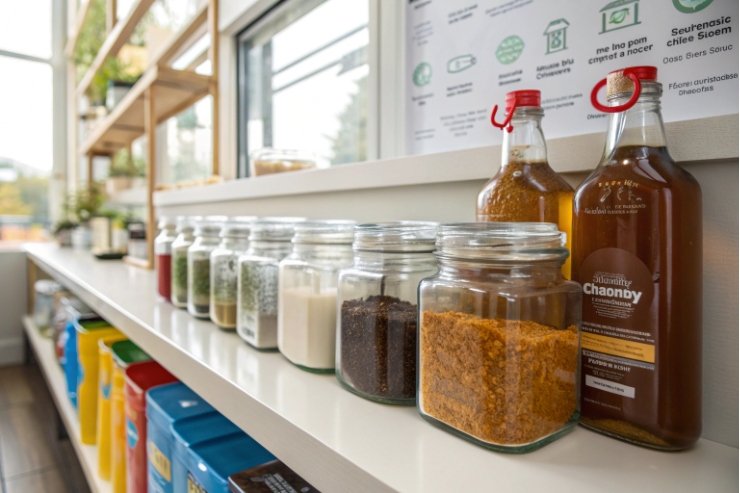 Row of glass jars with ingredients and sauce bottles on pantry shelf