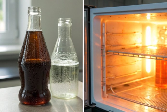 Glass bottles beside heated oven showing thermal shock and temperature resistance comparison