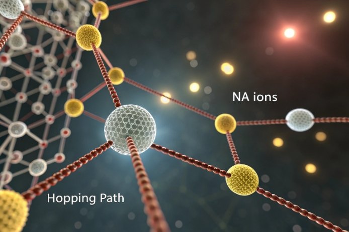 3D lattice model showing sodium ion hopping path through network
