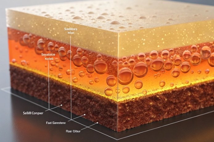 Layered glass melt cross-section showing batch blanket, foam layer, and trapped bubble seeds