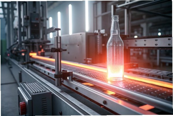 Clear glass bottle on conveyor line during automated factory production
