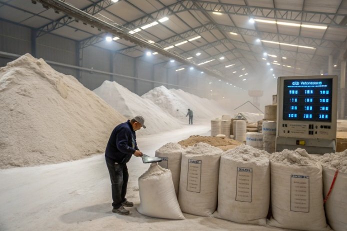 Batch house/warehouse scene: large piles of white raw material, big bags lined up, and an operator sampling/recording material data beside a digital display board.