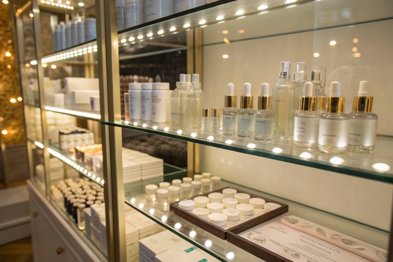Backlit glass shelves filled with minimalist clear and frosted skincare bottles and jars