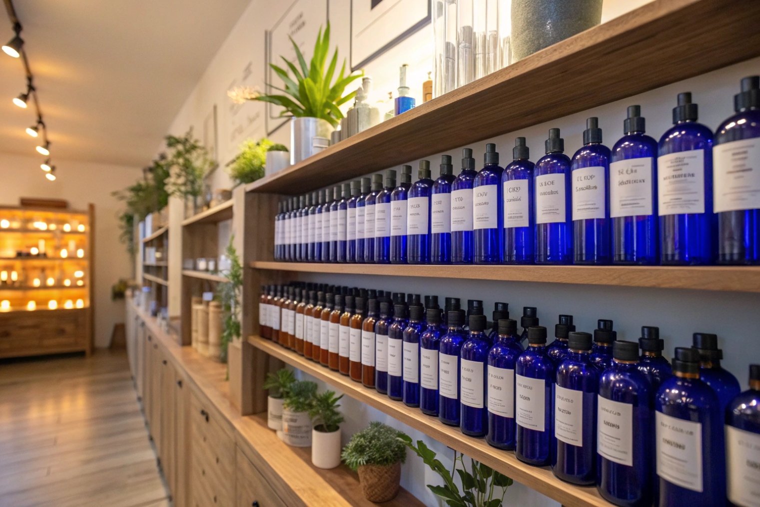 Cosmetic liquids in blue and amber glass spray bottles arranged on wooden retail shelves
