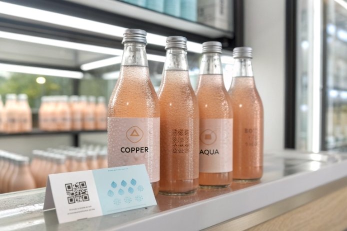Copper-toned beverage bottles with labels and QR card on retail shelf display