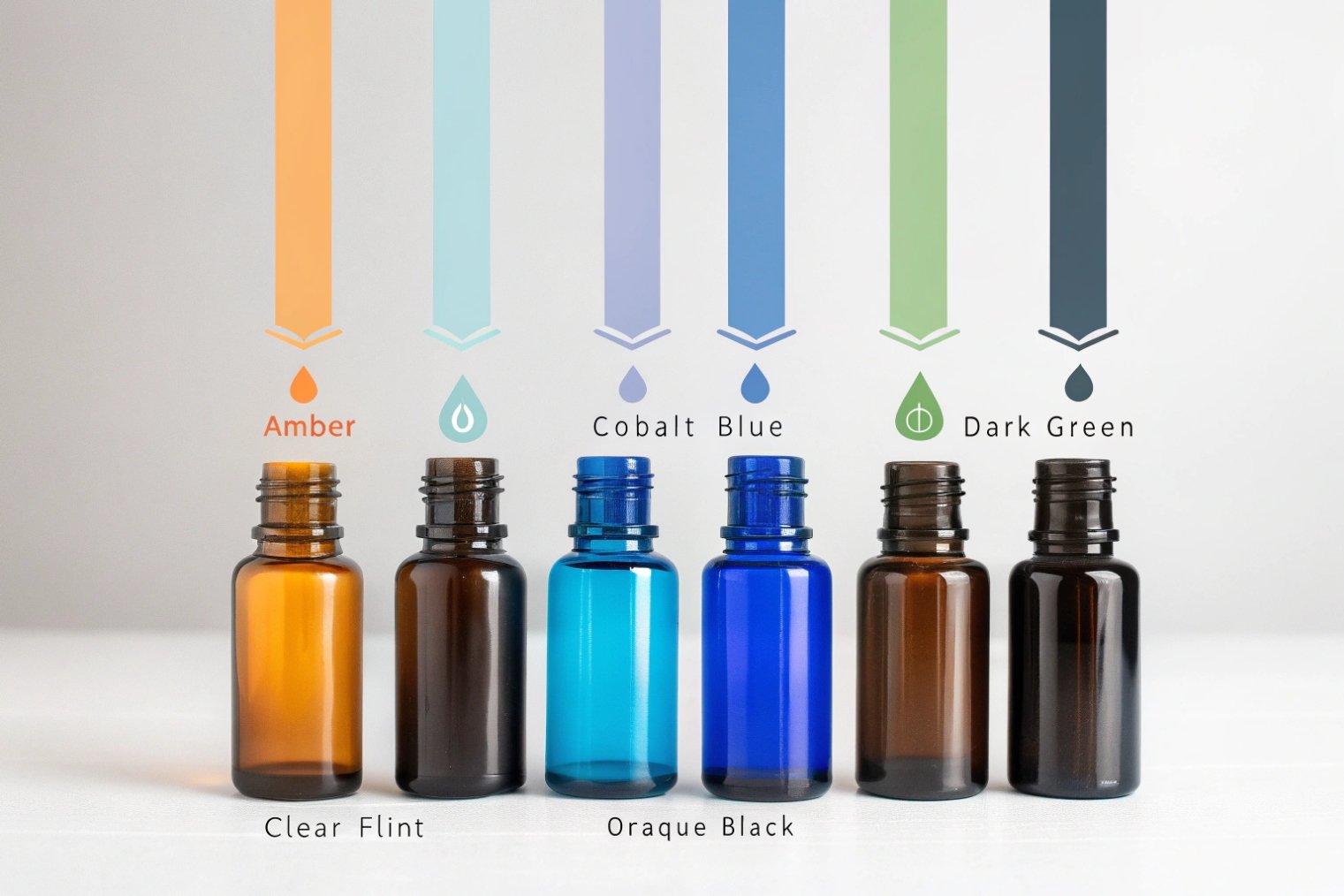 colored glass essential oil bottles lineup showing amber cobalt blue green and black options