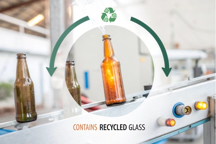 Recycled glass beer bottles on conveyor showing closed loop bottle washing process