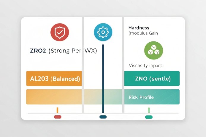 Additive comparison panel contrasts ZrO2, Al2O3, and ZnO effects on risk profile.