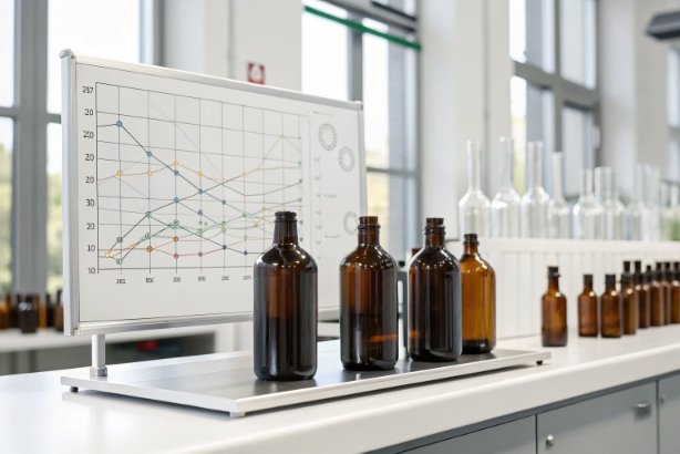 Amber glass bottles on lab bench with data chart for quality testing