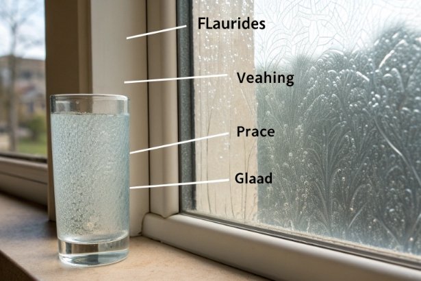 Glass of water by foggy window with labels showing condensation and glass surface performance