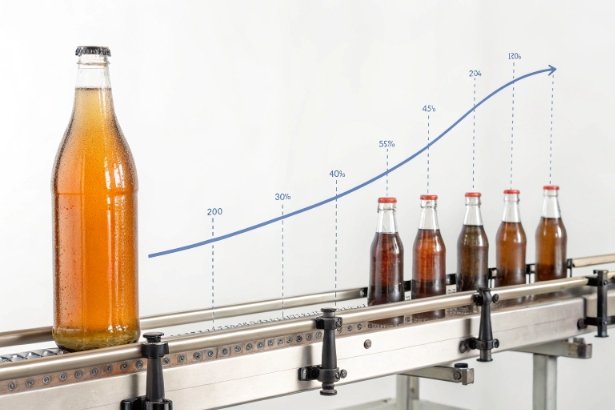 Beer bottles on conveyor with rising efficiency curve infographic for production performance