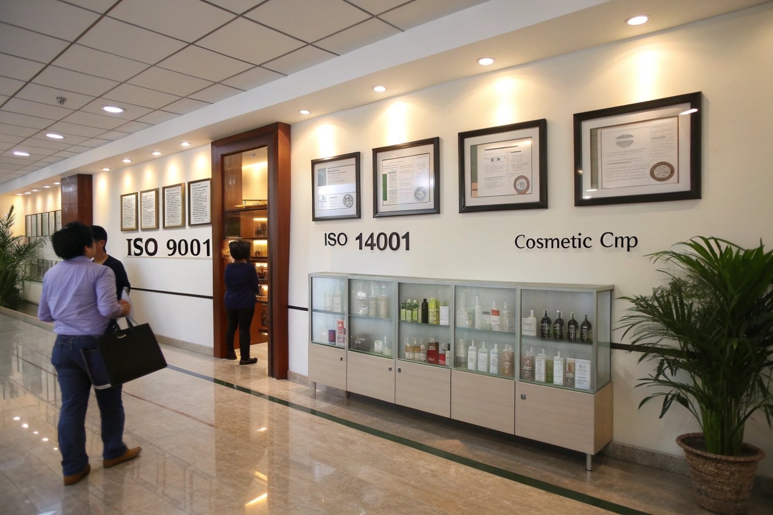 cosmetics factory corridor displaying ISO certificates and skincare packaging samples in cabinets