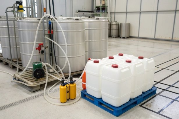 Bulk chemical containers and stainless tanks on pallets in industrial processing room
