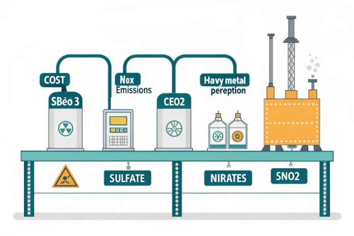 Infographic comparing Sb2O3, CeO2, sulfates, nitrates and SnO2 for emissions and perception