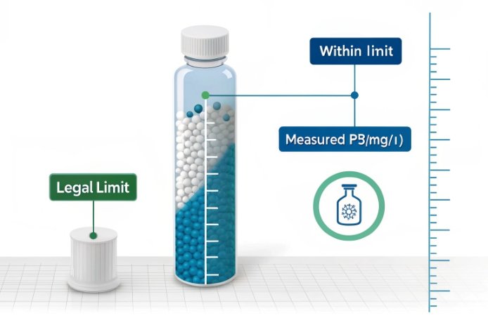 Infographic vial showing measured lead level within legal limit for glass packaging compliance