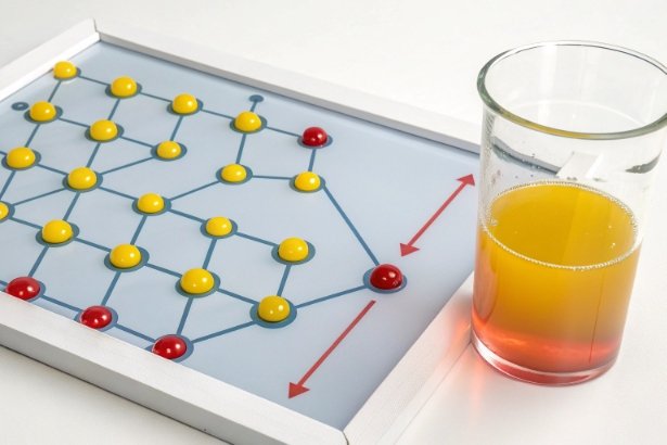 Quality control concept board with network diagram beside a glass of orange juice