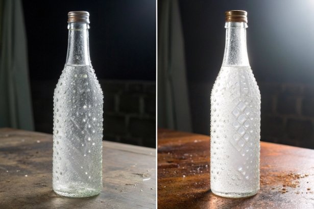 Embossed textured glass bottle before and after frosting finish for premium packaging