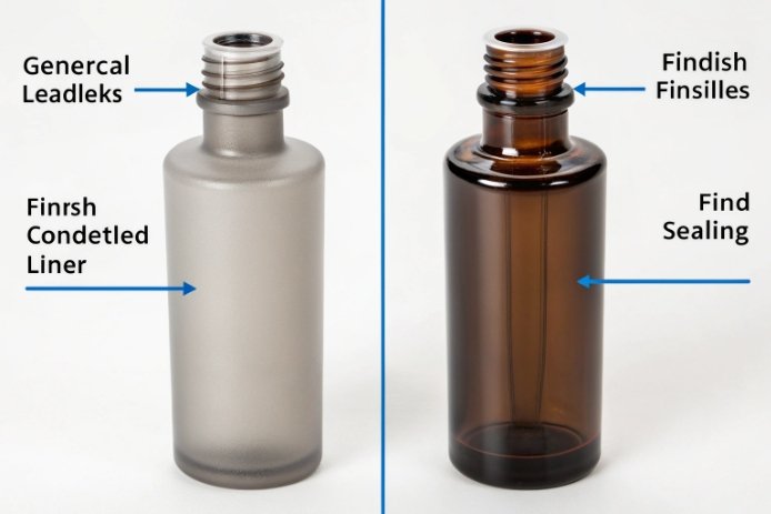 Frosted and amber glass bottles compared with threaded neck finish and sealing features