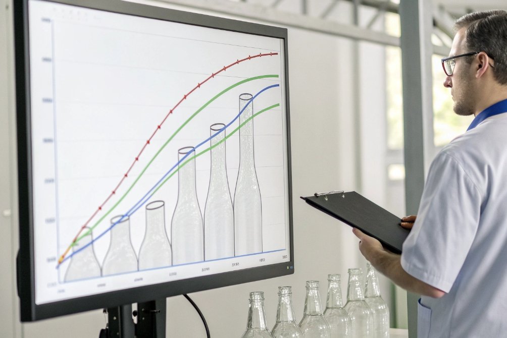 Quality inspector reviewing glass bottle performance curves on screen with samples on table