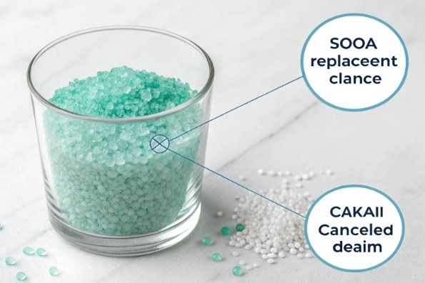 Green granules in glass cup illustrating raw material additives for glass batch formulation