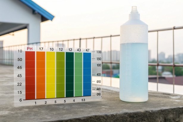 Plastic lab bottle beside pH color scale card for alkaline solution measurement outdoors