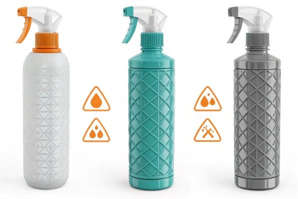 Textured trigger spray bottles in multiple colors demonstrating grip design and leak warning icons