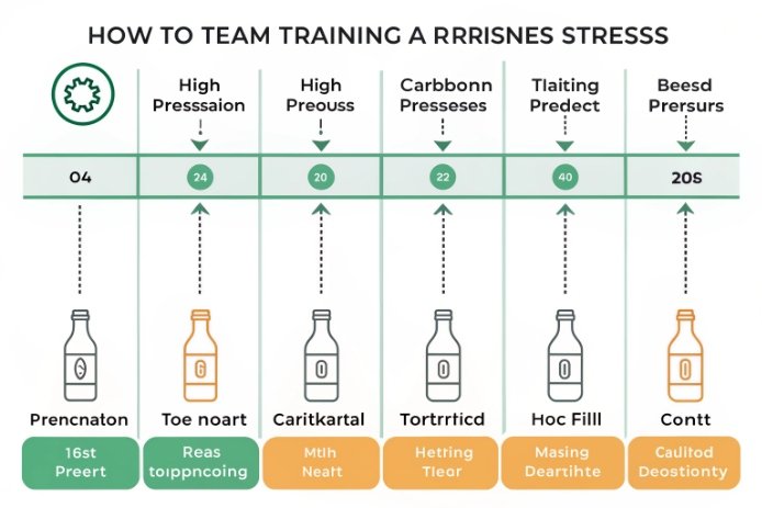 Process timeline infographic for team training to reduce stress and defects in bottles.