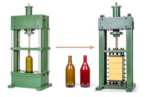 Glass bottle compression test machines showing strength testing workflow for colored bottle samples