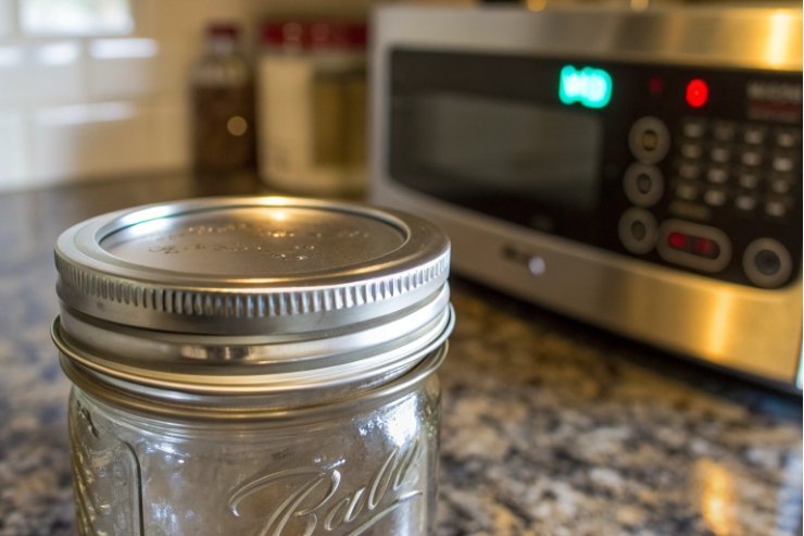 Close up of sealed mason jar with metal lid in front of kitchen microwave